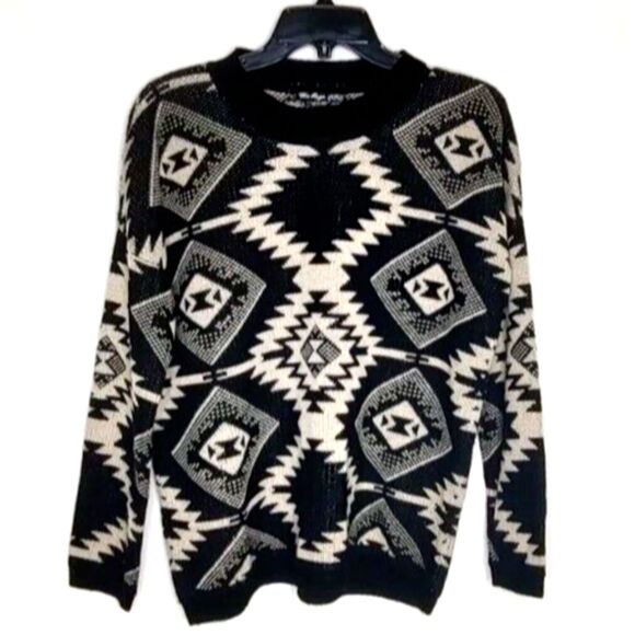 Retro Geometric Soft Tan & Black Sz MED Vintage Pullover Light Sweater The Rage - Picture 2 of 11